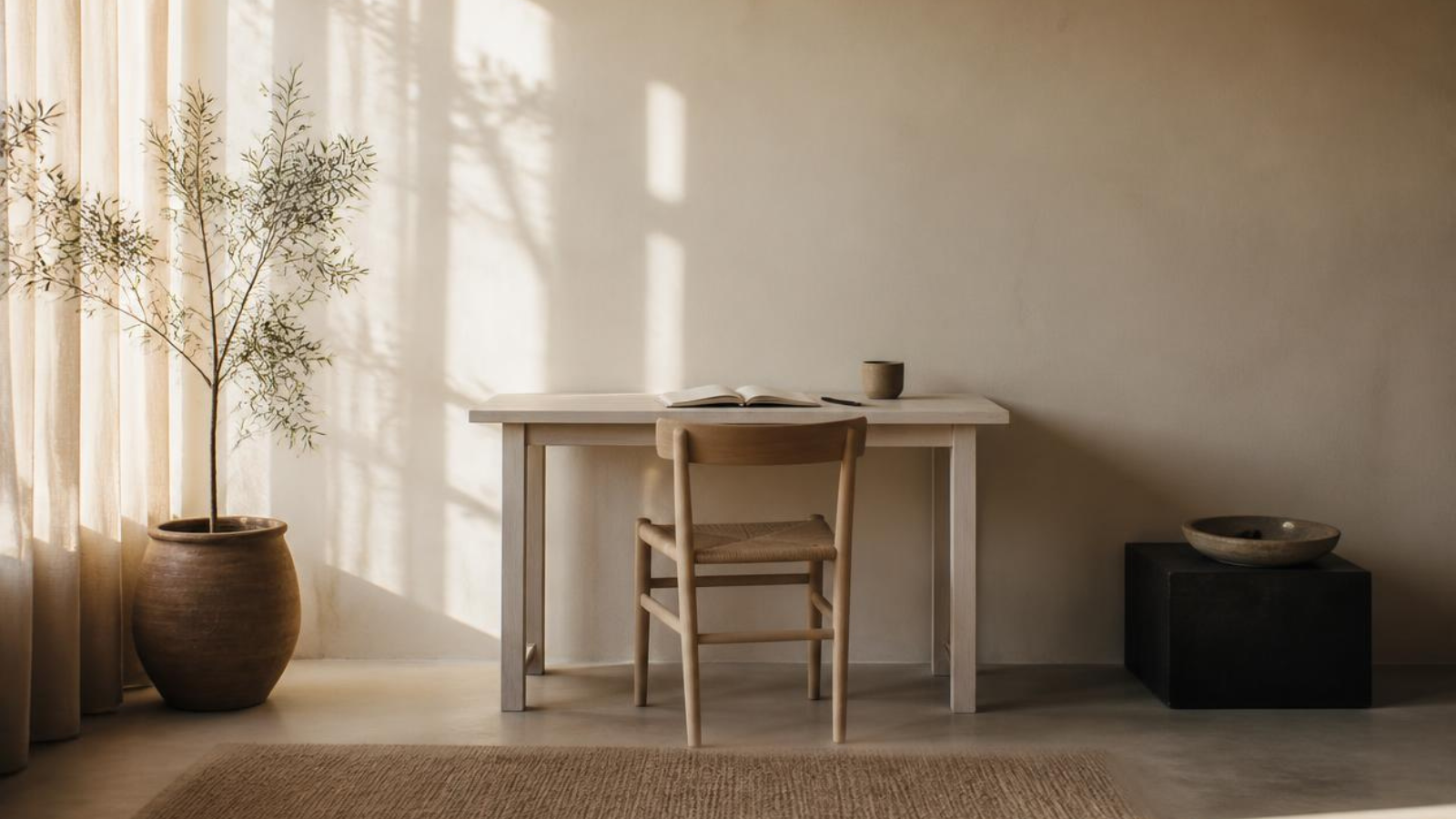 A calm desk interior: light wooden desk and chair, potted olive tree, soft morning shadows.