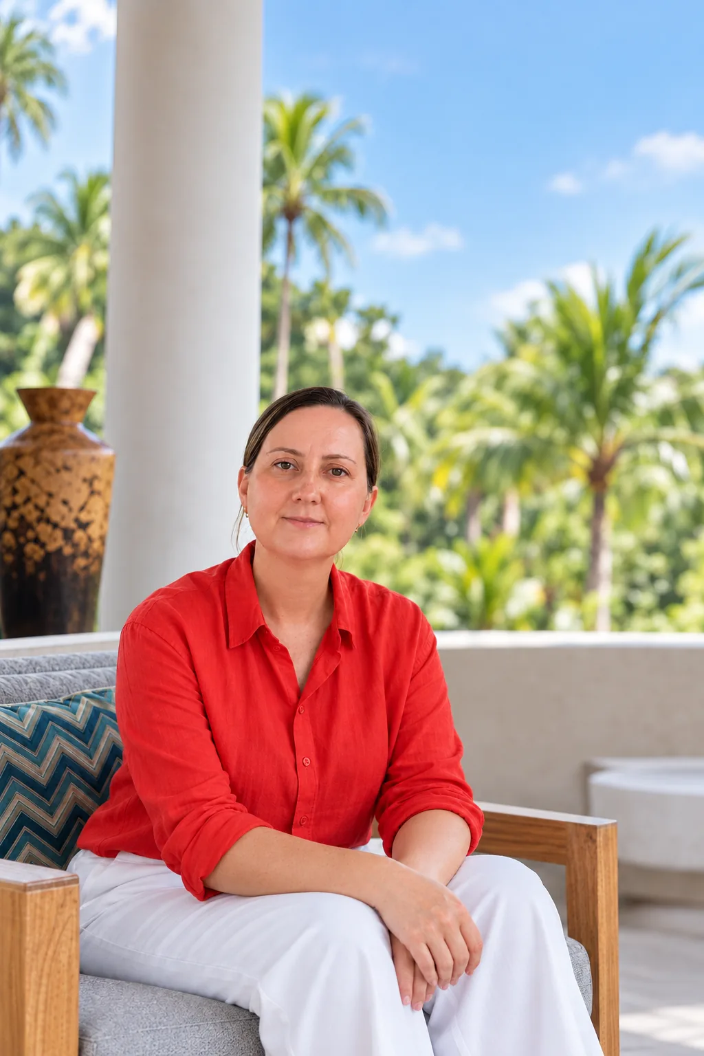 Kylie Gillin, seated on a verandah with palms behind her.