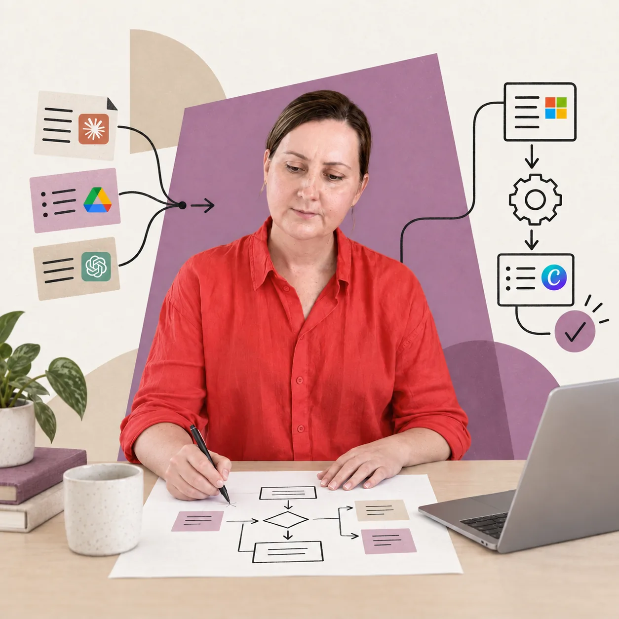 Kylie mapping a strategy, with connected workflow diagrams and AI and business tools surrounding her.